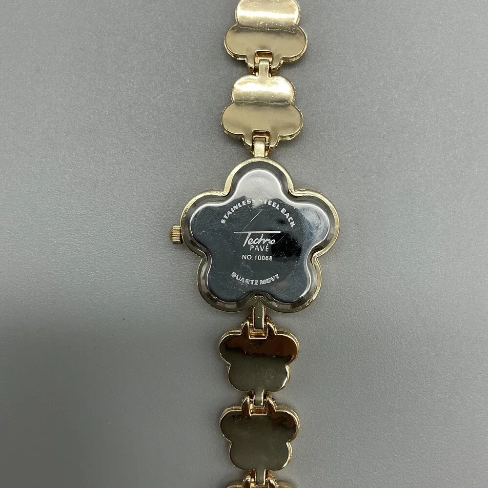 Techno Pave Womens Watch 27mm Champagne Dial Gold Floral Bracelet 10068 8.25